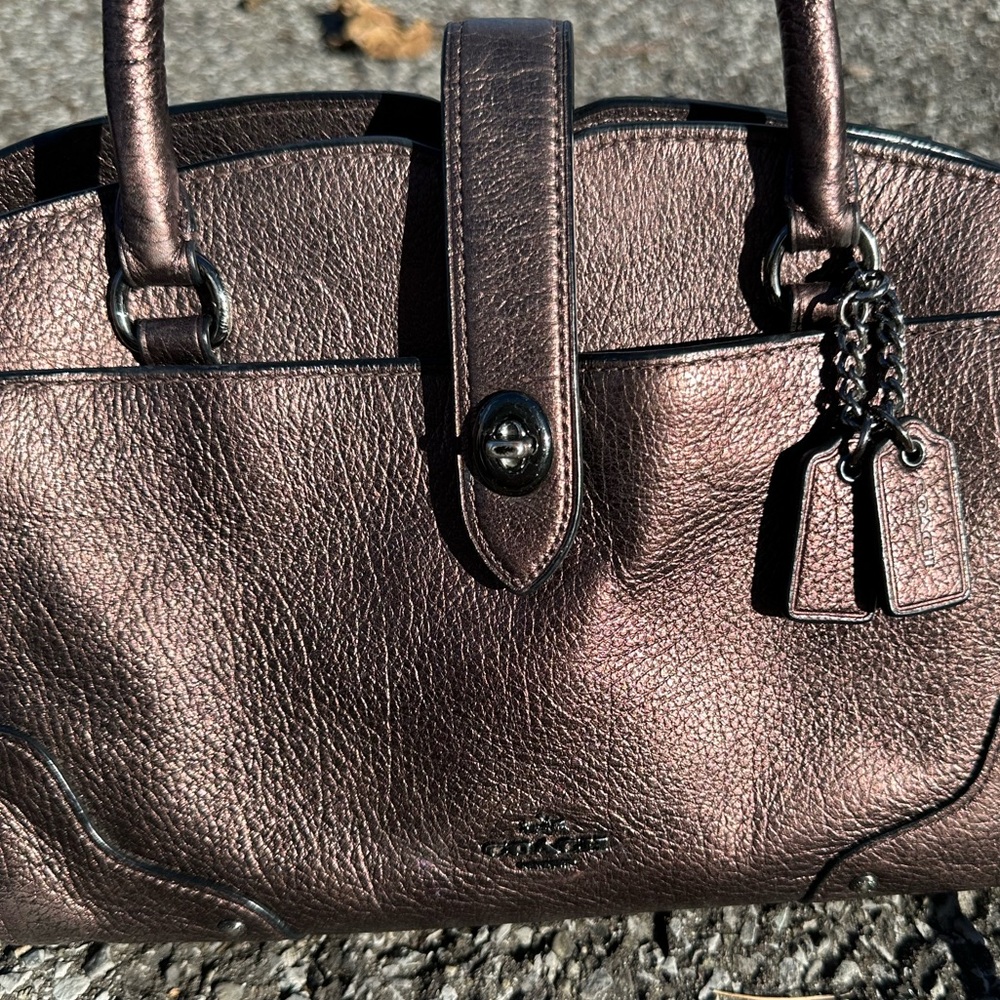 Coach Mercer Satchel 24 Metallic Leather Crossbody Handbag Dark Bronze - Picture 2 of 14